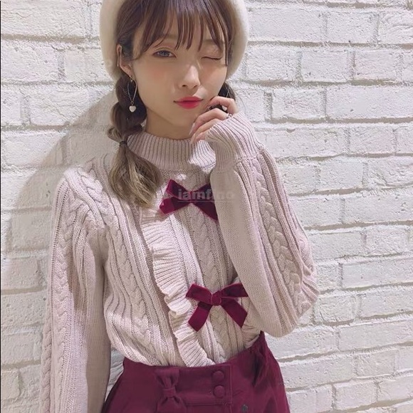 Winter Pink Knit Ruffle Sweater with Magenta Bow - Picture 2 of 8